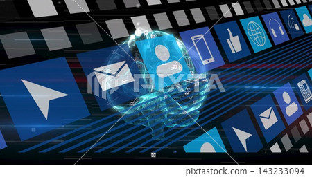 Holographic brain receiving moving app icons' data feed, routing signals through AI interface 143233094