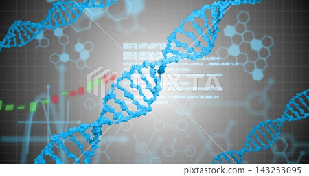 Displaying 3D blue DNA helix running diagonally in lab HUD, with hex grid, code and ECG 143233095