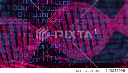 Sweeping neon-pink double-helix DNA strand gliding across lab data display, showing binary digits Sweeping neon-pink double-helix DNA strand gliding across lab data display, showing binary digits 143233096