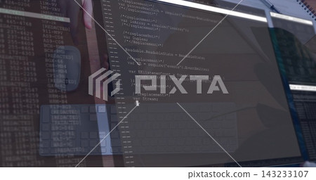 Displaying primary monitor showing code and terminal at desk, with keyboard, mouse reflection Displaying primary monitor showing code and terminal at desk, with keyboard, mouse reflection 143233107