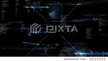 Displaying digital HUD with waveform traces, radar circles, dotted world map on virtual console Displaying digital HUD with waveform traces, radar circles, dotted world map on virtual console 143233113