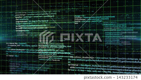Displaying glowing green grid with overlaid console text on computer display, teal waveform band Displaying glowing green grid with overlaid console text on computer display, teal waveform band 143233174