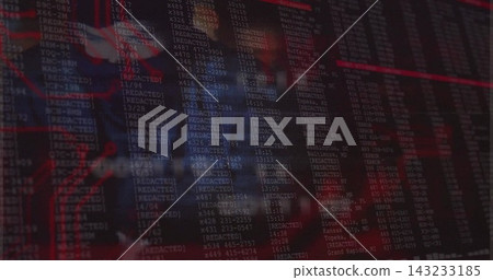 Displaying centered monitor showing dense columns with [REDACTED] tags, red lines, American flag 143233185