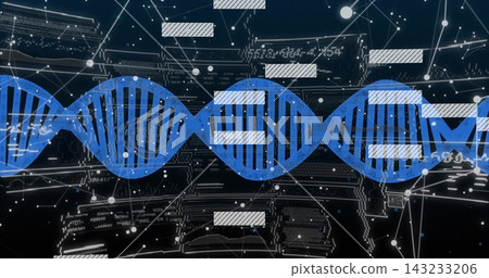 Displaying stylized blue DNA helix stretching across dark technical backdrop, with overlay bars Displaying stylized blue DNA helix stretching across dark technical backdrop, with overlay bars 143233206