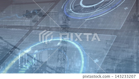 Showing layered shipping cranes and container stacks floating over port terminal, with HUD overlays Showing layered shipping cranes and container stacks floating over port terminal, with HUD overlays 143233207