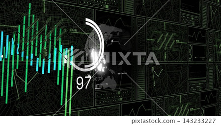 Displaying vertical cyan and green bars with circular 97 gauge over globe on dark trading dashboard Displaying vertical cyan and green bars with circular 97 gauge over globe on dark trading dashboard 143233227