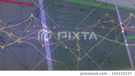 Displaying two wide monitors showing code and terminal at developer desk, with network mesh Displaying two wide monitors showing code and terminal at developer desk, with network mesh 143233237
