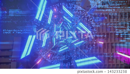Drawing blue neon bars forming vortex, pulling viewer into cyber tunnel with floating code Drawing blue neon bars forming vortex, pulling viewer into cyber tunnel with floating code 143233238