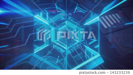 Glowing hexagonal tunnel moving toward vanishing point in virtual corridor, with neon HUD panels Glowing hexagonal tunnel moving toward vanishing point in virtual corridor, with neon HUD panels 143233239