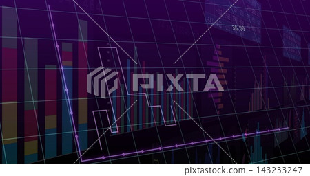 Showing finance charts spanning purple 3D grid on screen with color bars stepped line magenta trend Showing finance charts spanning purple 3D grid on screen with color bars stepped line magenta trend 143233247