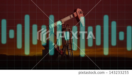 Framing oil pumpjack against red sunset, highlighting walking beam, horsehead, ladder and teal grid Framing oil pumpjack against red sunset, highlighting walking beam, horsehead, ladder and teal grid 143233255