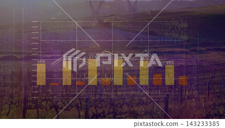 Projecting translucent bar chart over vineyard at dusk, showing white line, numeric labels, pylons Projecting translucent bar chart over vineyard at dusk, showing white line, numeric labels, pylons 143233385