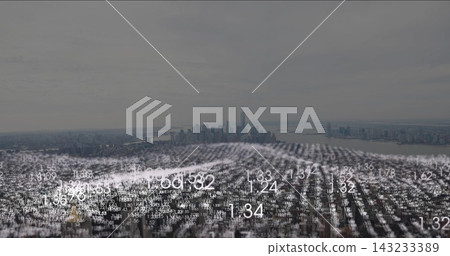 Hovering translucent data mesh undulating over urban harbor skyline, showing white numeric figures Hovering translucent data mesh undulating over urban harbor skyline, showing white numeric figures 143233389