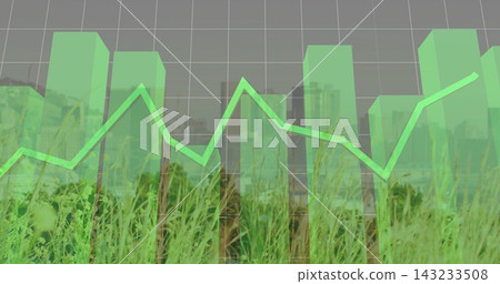Displaying translucent green 3D bar chart with neon line over grassy foreground, grey grid skyline Displaying translucent green 3D bar chart with neon line over grassy foreground, grey grid skyline 143233508