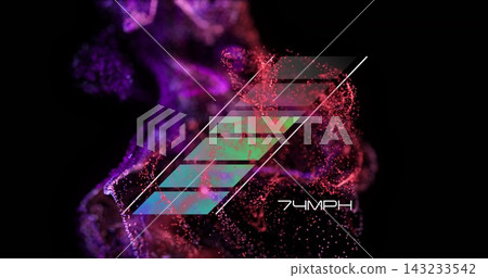 Floating slanted logo of five colored bars on black background, showing magenta nebula and 74MPH Floating slanted logo of five colored bars on black background, showing magenta nebula and 74MPH 143233542