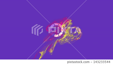 Radiating pink white segmented ring and particle stream sweeping across purple backdrop, copy space 143233544