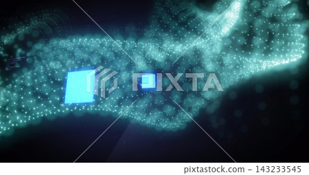 Flowing turquoise particle ribbon sweeping across dark digital void, showing glowing blue squares Flowing turquoise particle ribbon sweeping across dark digital void, showing glowing blue squares 143233545