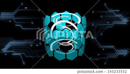 Rotating teal hexagonal core glowing in virtual cyberspace, with concentric HUD rings and circuits Rotating teal hexagonal core glowing in virtual cyberspace, with concentric HUD rings and circuits 143233552
