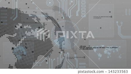 Displaying dotted globe and HUD elements on virtual display, featuring reticle and circuit traces Displaying dotted globe and HUD elements on virtual display, featuring reticle and circuit traces 143233563