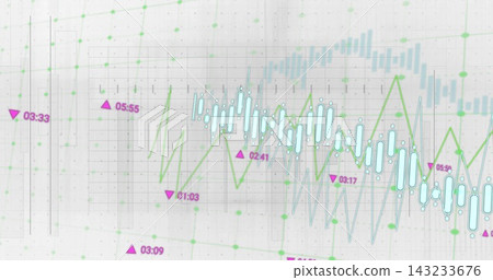 Showing finance chart on dashboard, with blue candles, green and pale-blue lines, magenta markers Showing finance chart on dashboard, with blue candles, green and pale-blue lines, magenta markers 143233676