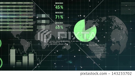Displaying dark analytics dashboard in frame, showing dotted map, green pie, percent readouts 143233702