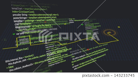 Floating stacked angled code panels traversing dark 3D grid plane, with yellow path and target node Floating stacked angled code panels traversing dark 3D grid plane, with yellow path and target node 143233745