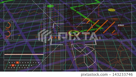 Displaying complex dark-themed dashboard at center, showing line graphs, gauges 563, wireframe map Displaying complex dark-themed dashboard at center, showing line graphs, gauges 563, wireframe map 143233746