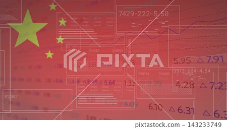 Displaying Chinese flag motif overlaying market UI graphic, with charts, numbers, yellow stars 143233749