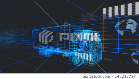 Displaying wireframe cargo truck and trailer moving through virtual 3D corridor, with HUD overlays Displaying wireframe cargo truck and trailer moving through virtual 3D corridor, with HUD overlays 143233757