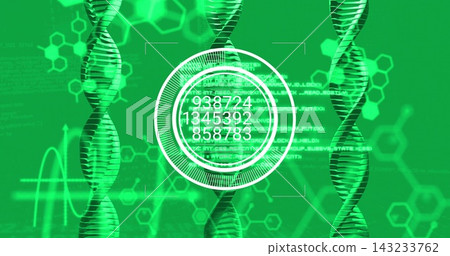Displaying HUD or reticle with numeric readouts overlaying virtual lab interface, showing DNA helix Displaying HUD or reticle with numeric readouts overlaying virtual lab interface, showing DNA helix 143233762
