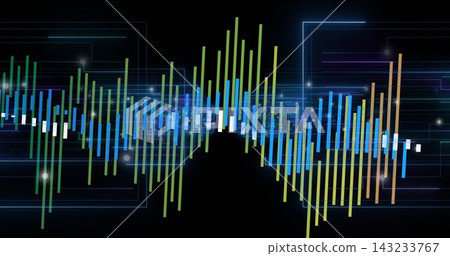 Showing abstract digital waveform pulsing on black background with vertical bars orbs neon lines Showing abstract digital waveform pulsing on black background with vertical bars orbs neon lines 143233767