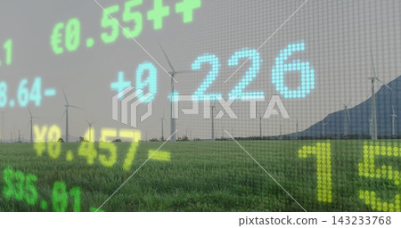 Showing wind farm forming horizon across green field, with market ticker overlay Showing wind farm forming horizon across green field, with market ticker overlay 143233768