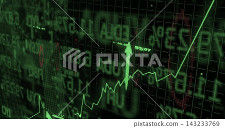 Showing green dotted line stock chart rising on market screen, with upward arrow marker, tickers Showing green dotted line stock chart rising on market screen, with upward arrow marker, tickers 143233769