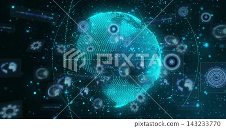 Orbiting holographic globe showing teal point cloud mesh in dashboard, HUD panels, radar rings Orbiting holographic globe showing teal point cloud mesh in dashboard, HUD panels, radar rings 143233770