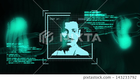Pixelated avatar undergoing biometric verification upon auth request, HUD grid scanning face Pixelated avatar undergoing biometric verification upon auth request, HUD grid scanning face 143233792