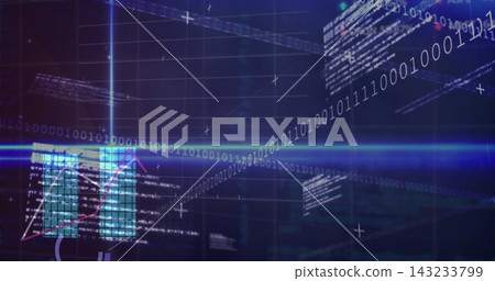 Streaming diagonal binary stream slicing horizontal blue flare in 3D data HUD, showing holo chart Streaming diagonal binary stream slicing horizontal blue flare in 3D data HUD, showing holo chart 143233799