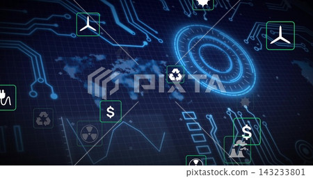 Displaying holographic concentric circle glowing on dark dashboard, with world grid and icon tiles Displaying holographic concentric circle glowing on dark dashboard, with world grid and icon tiles 143233801