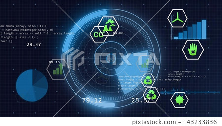 Displaying circular radar-like HUD sweeping on dark blue grid, with hex icons and numeric readouts Displaying circular radar-like HUD sweeping on dark blue grid, with hex icons and numeric readouts 143233836