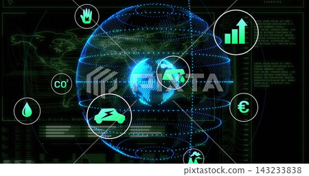 Displaying digital globe pulsing with blue nodes on virtual HUD, showing CO2 handprint badges 143233838
