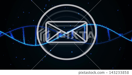 Glowing stylized envelope icon pulsing inside rings on dark backdrop, with blue helix particles Glowing stylized envelope icon pulsing inside rings on dark backdrop, with blue helix particles 143233858