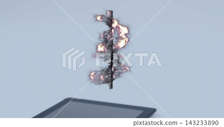 Floating slender vertical branch glowing above minimalist studio surface, with dark tablet Floating slender vertical branch glowing above minimalist studio surface, with dark tablet 143233890