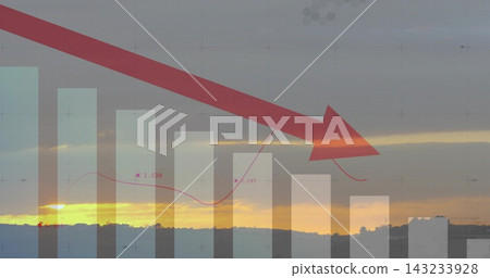 Pointing large red downward arrow crossing sunset ridge, with faint bars, magenta line, grid 143233928