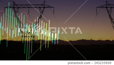Showing centered steel pylon rising in corridor in twilight, with power lines, city lights, charts Showing centered steel pylon rising in corridor in twilight, with power lines, city lights, charts 143233930