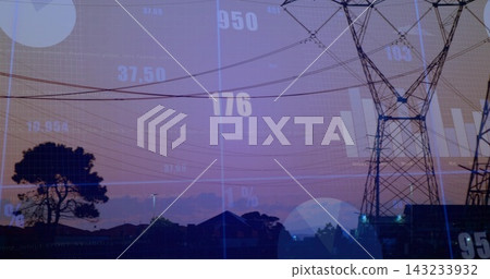 Displaying steel lattice tower with power lines over suburb at dusk, digital overlays, copy space Displaying steel lattice tower with power lines over suburb at dusk, digital overlays, copy space 143233932
