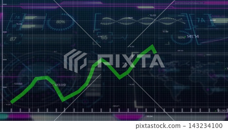 Displaying dashboard showing green jagged trend line rising on monitor, with 80% ring and waveform Displaying dashboard showing green jagged trend line rising on monitor, with 80% ring and waveform 143234100