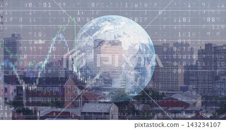 Displaying faint Earth globe blending with towers over roofs, showing binary code, grid, charts Displaying faint Earth globe blending with towers over roofs, showing binary code, grid, charts 143234107