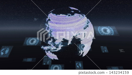 Showing centered pixel hologram globe rotating in virtual control room with UI panels nodes stars 143234159