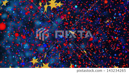 Swirling dense red and blue particles occupying deep navy digital background, showing gold stars Swirling dense red and blue particles occupying deep navy digital background, showing gold stars 143234265