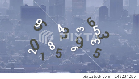 Floating cluster of stylized numerals hovering above downtown skyline, muting city detail with haze Floating cluster of stylized numerals hovering above downtown skyline, muting city detail with haze 143234299