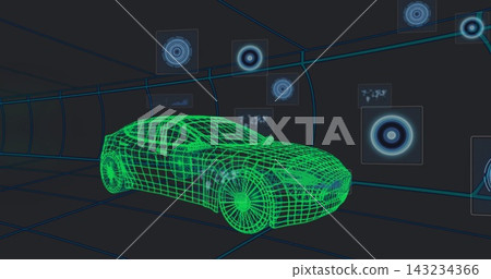 Displaying neon green wireframe sedan 3D model rotating in virtual design studio, with HUD panels Displaying neon green wireframe sedan 3D model rotating in virtual design studio, with HUD panels 143234366